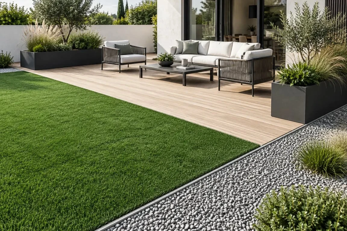 Déco jardin avec gazon synthétique, terrasse en bois et bordure de gravier