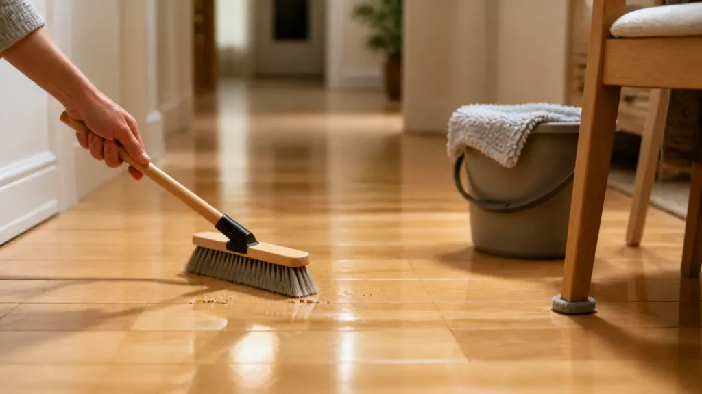 Entretenir un parquet vitrifié : main nettoyant avec serpillière microfibre à peine humide