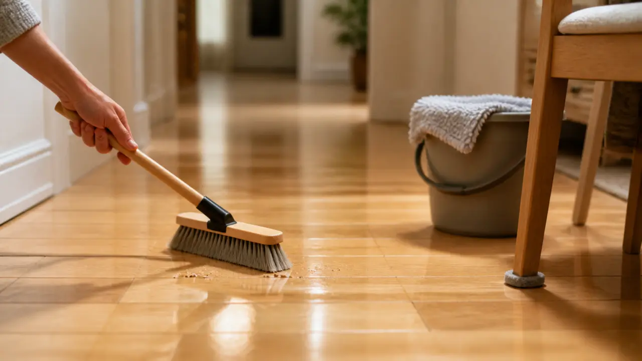 Entretenir un parquet vitrifié : main nettoyant avec serpillière microfibre à peine humide