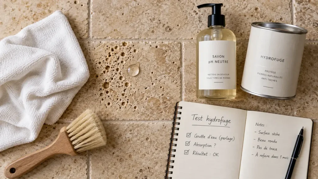 Entretien du travertin : savon noir oui, test hydrophobe sur travertin