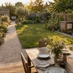 Jardin 100 m2 en 4 zones : terrasse, pelouse, massifs et coin pratique