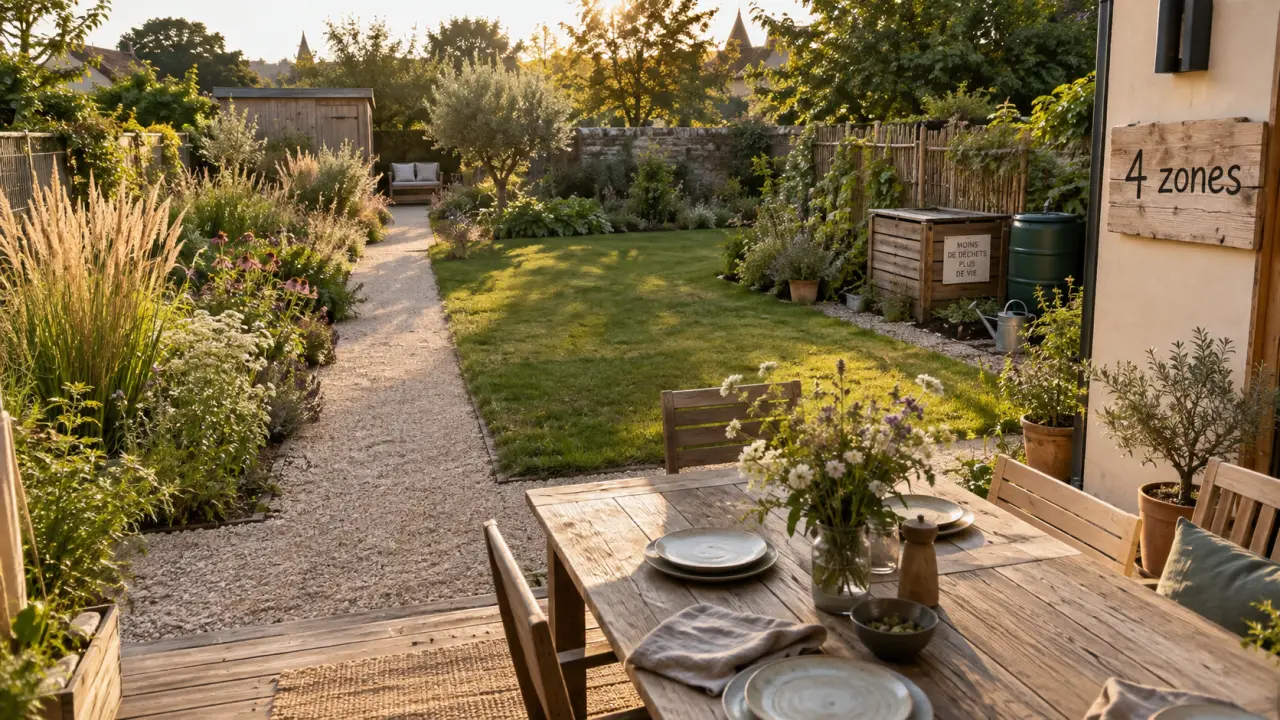 Jardin 100 m2 en 4 zones : terrasse, pelouse, massifs et coin pratique