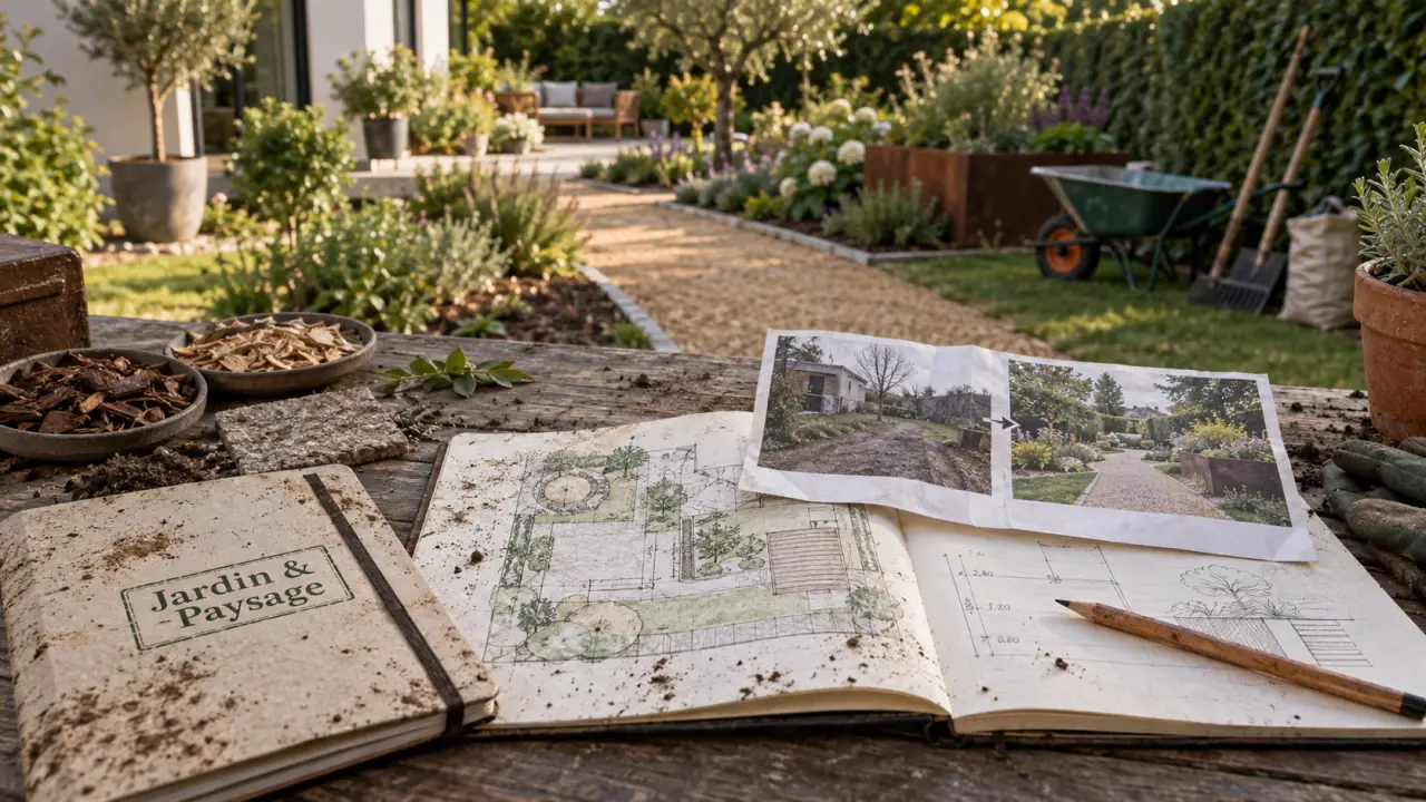 Plan de jardin du paysagiste local pour jardin et paysage, mesures et paillage
