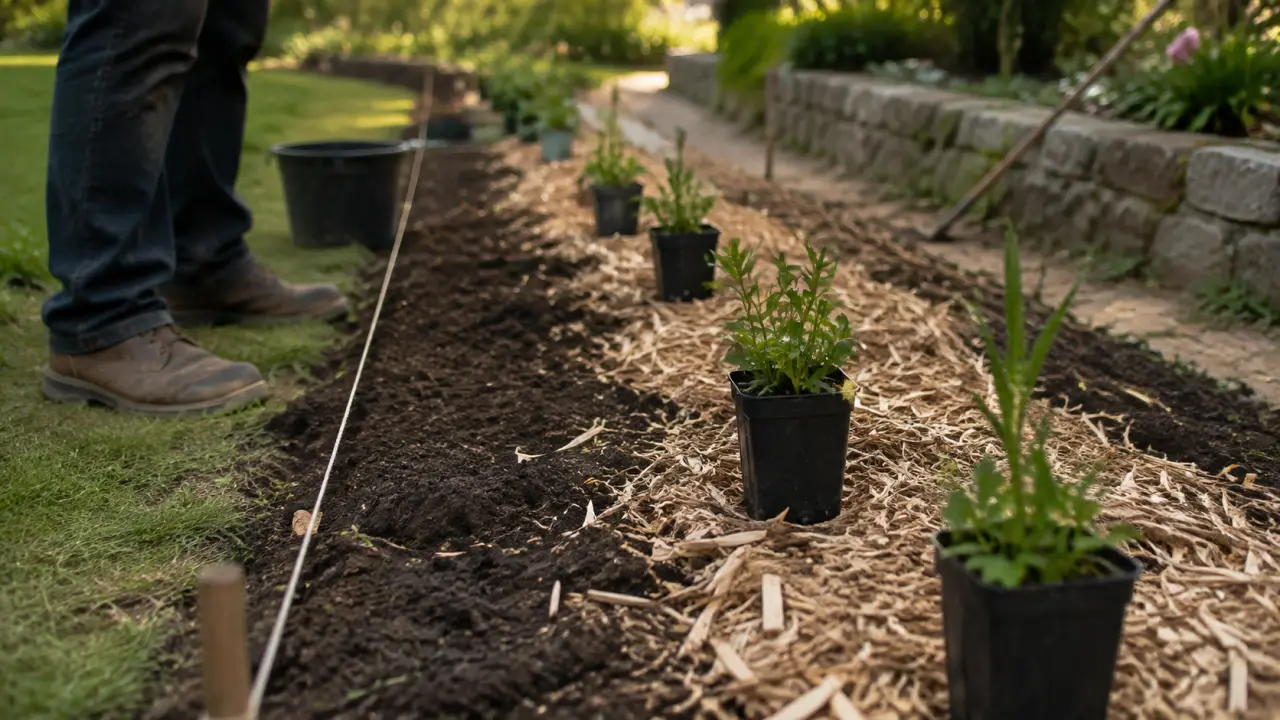 Plate bande jardin en création avec paillage beige et plantes