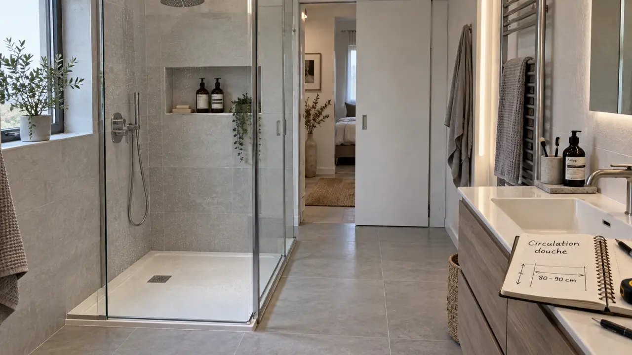 Salle de bain douche : circulation libre entre douche et lavabo