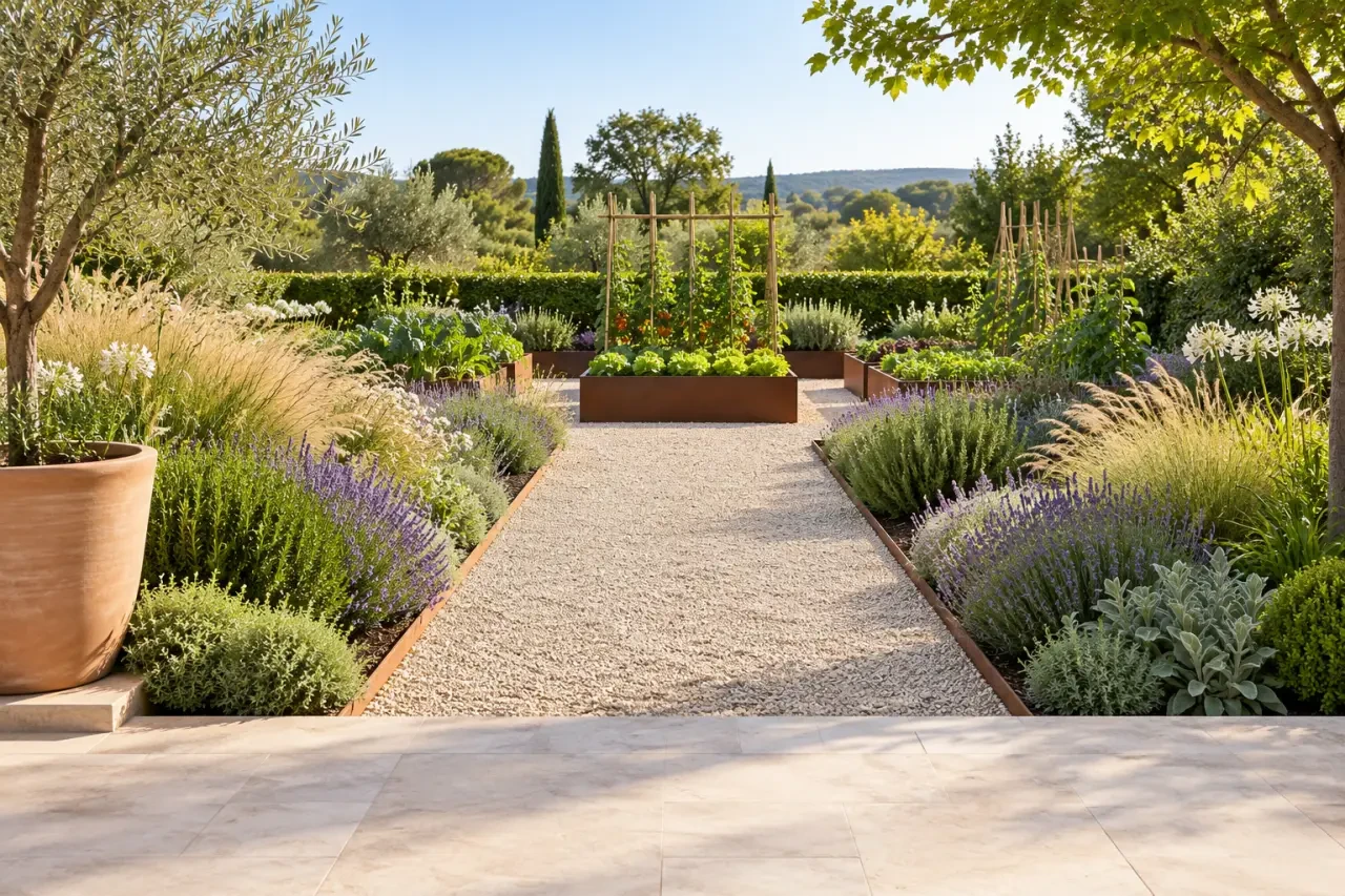 Allée de jardin en gravier décoratif bordée de plantations