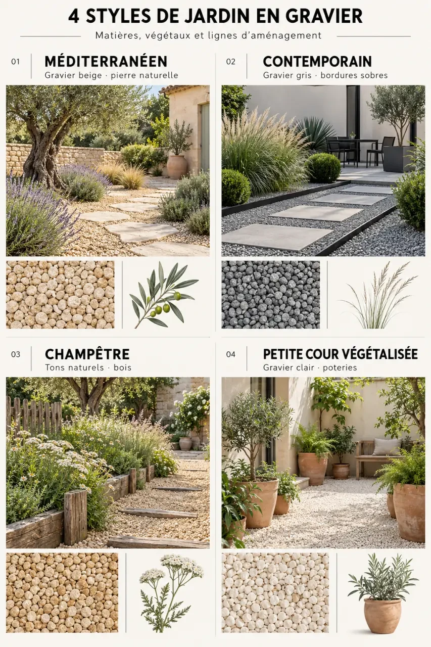Infographie des styles d'aménagement jardin gravier décoratif