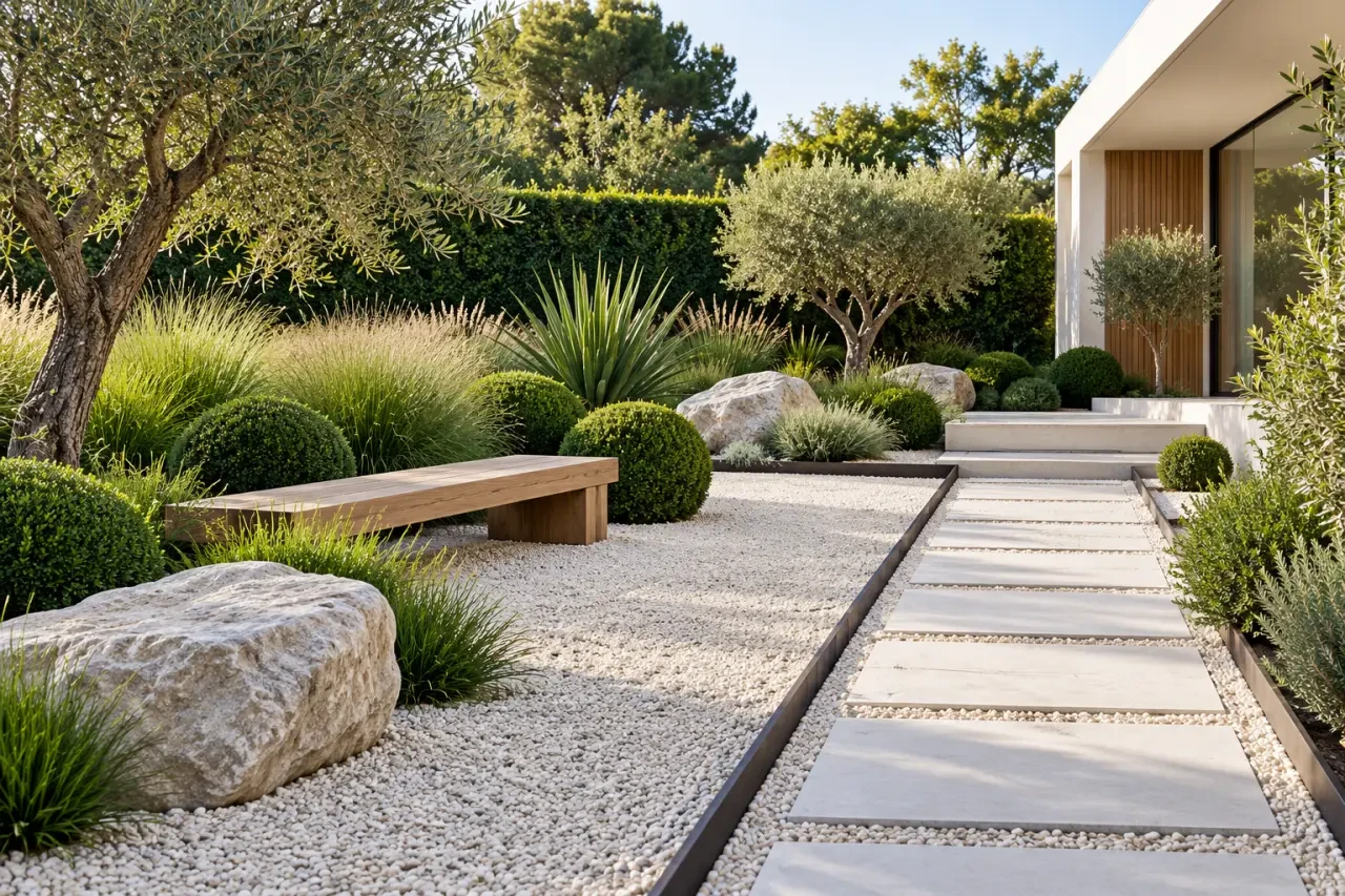Aménagement jardin gravier décoratif avec allée, massif végétal et coin détente