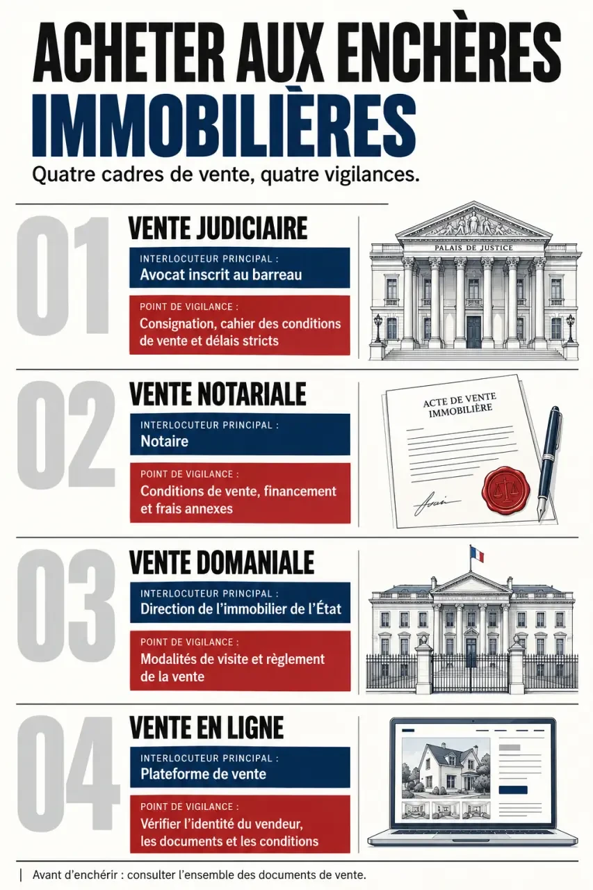 Acheter aux enchères immobilières : infographie des formes de vente et de leurs points de vigilance