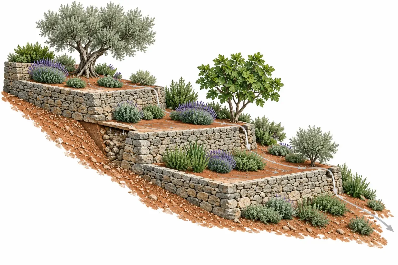 Illustration pédagogique d'un jardin restanque avec murs en pierres sèches, drainage et plantes méditerranéennes