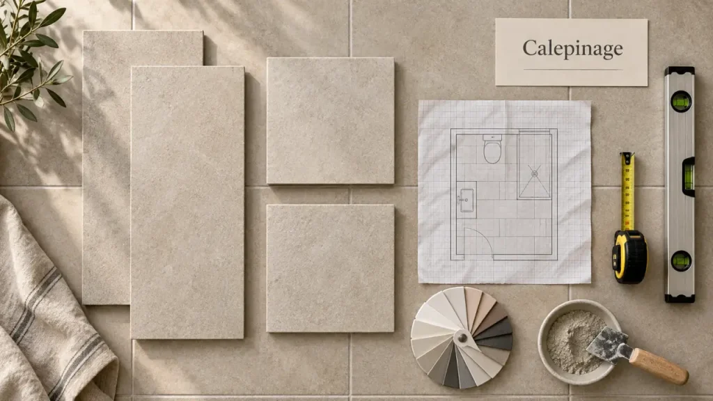 Idée carrelage pour petite salle de bain : grès cérame beige mat, agrandit sans blanchir