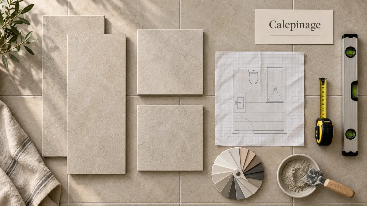 Idée carrelage pour petite salle de bain : grès cérame beige mat, agrandit sans blanchir