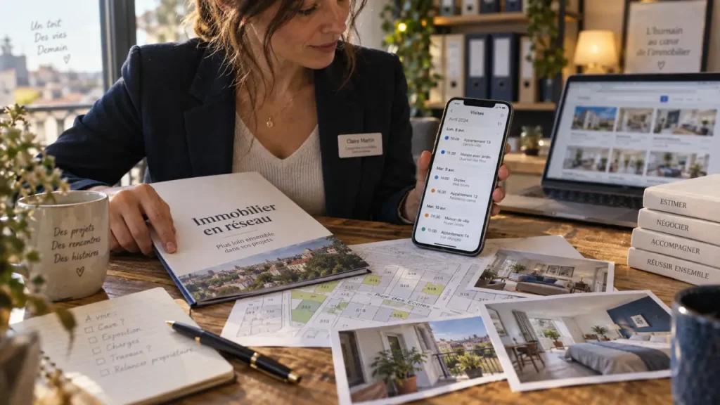 Conseiller immobilier en reseau, dossier et smartphone près d’une fenêtre
