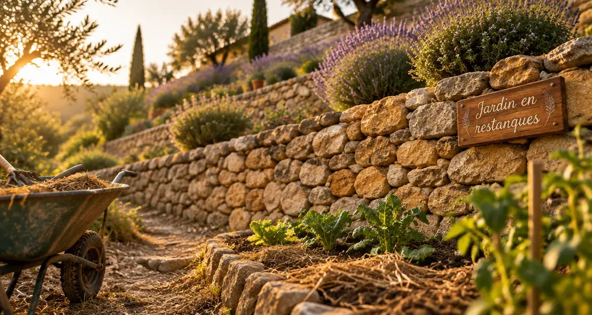 Jardin restanque en Provence, murs en pierres sèches et drainage