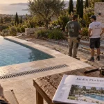 Paysagiste pisciniste près d’une piscine à débordement, margelles et terrasse