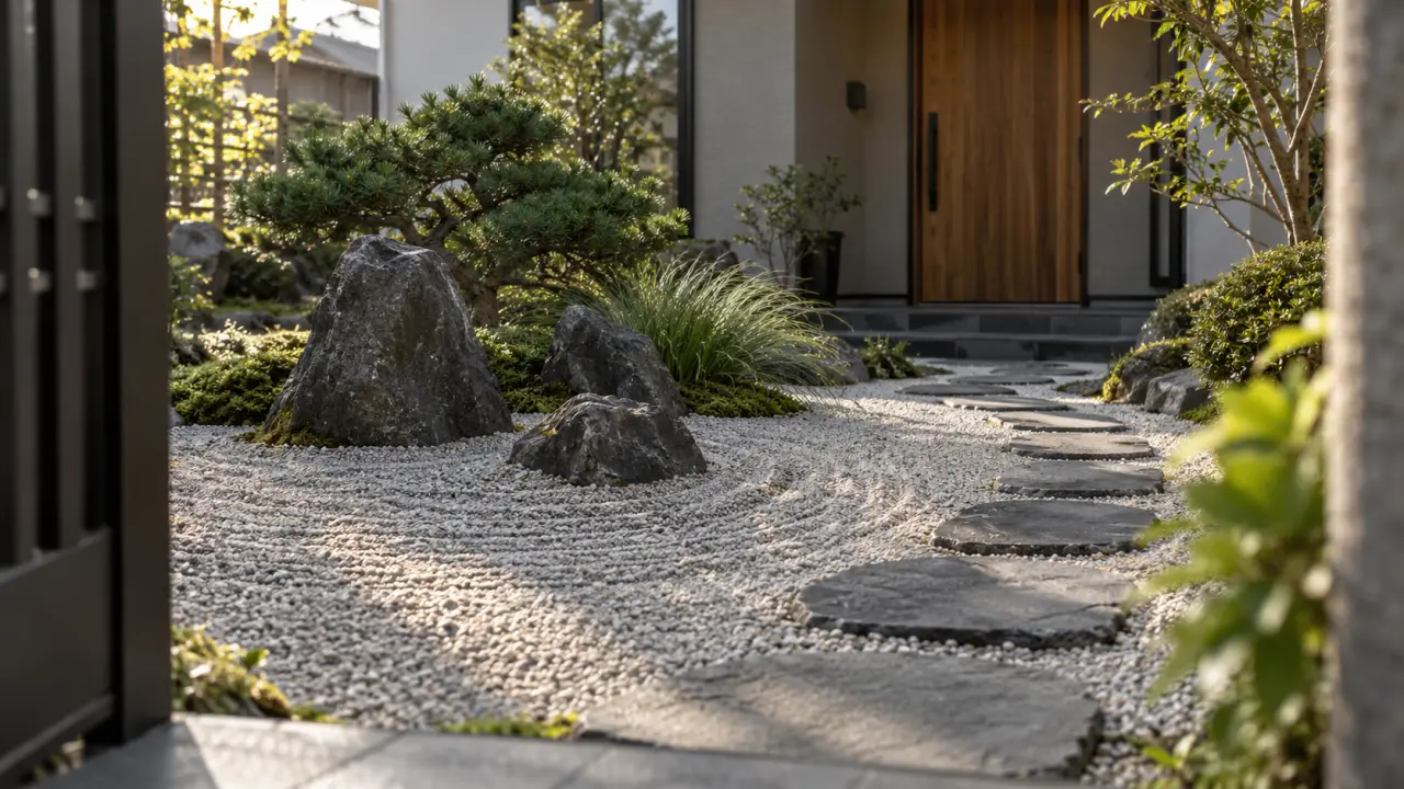 Petit jardin japonais devant maison, entrée apaisante sans encombrer