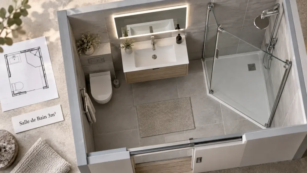 Plan salle de bain 3m2 : douche italienne et WC, un arbitrage possible ?