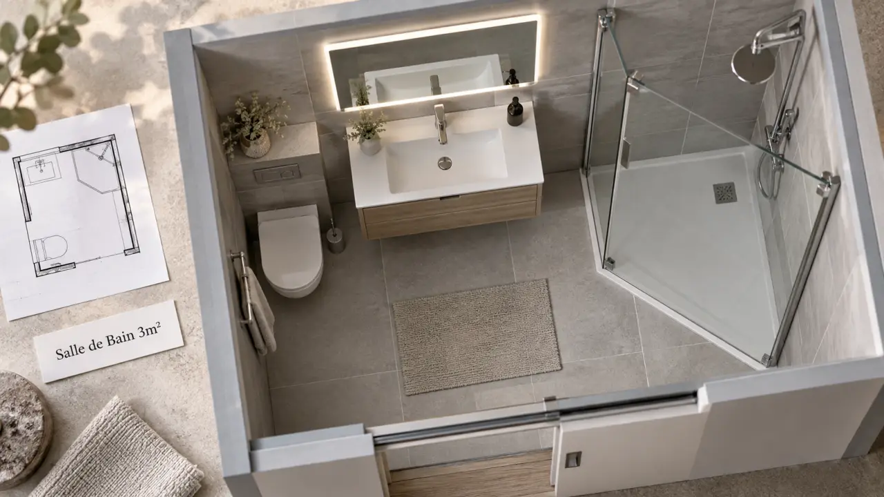 Plan salle de bain 3m2 : douche italienne et WC, vue plan